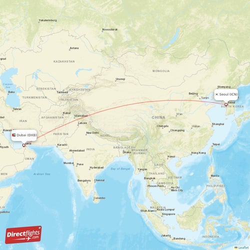 Dubai - Seoul direct flight map