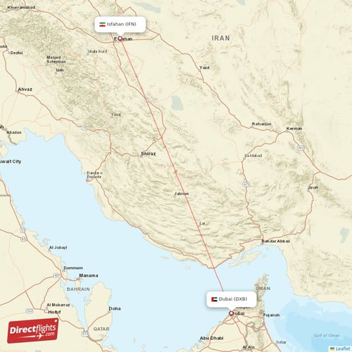 Dubai - Isfahan direct flight map