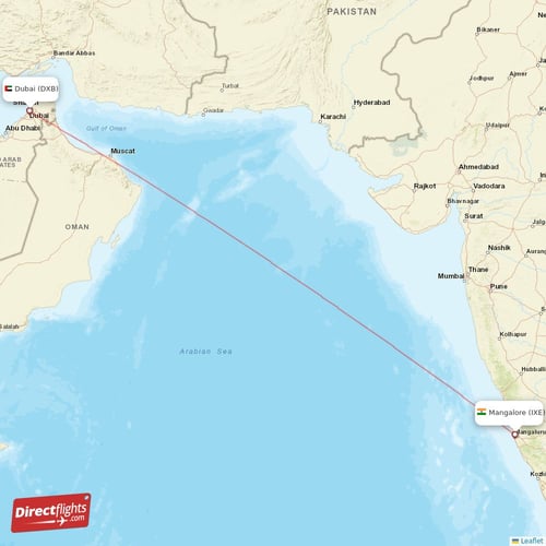 Dubai - Mangalore direct flight map