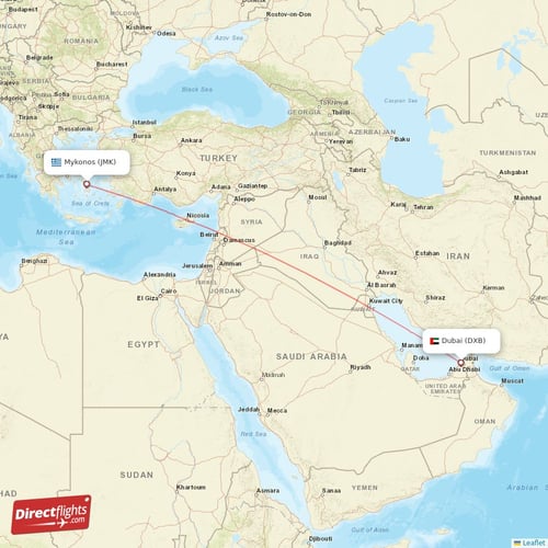 Dubai - Mykonos direct flight map