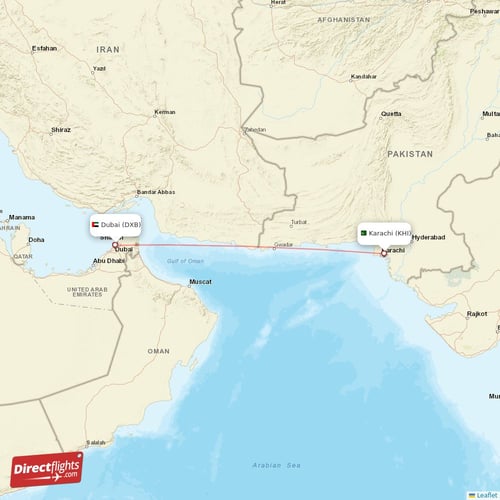 Dubai - Karachi direct flight map