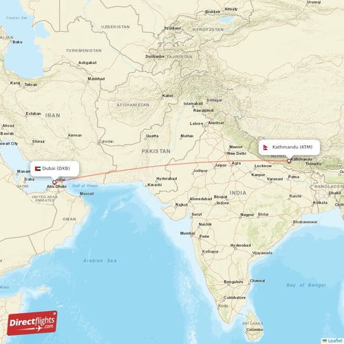 Dubai - Kathmandu direct flight map