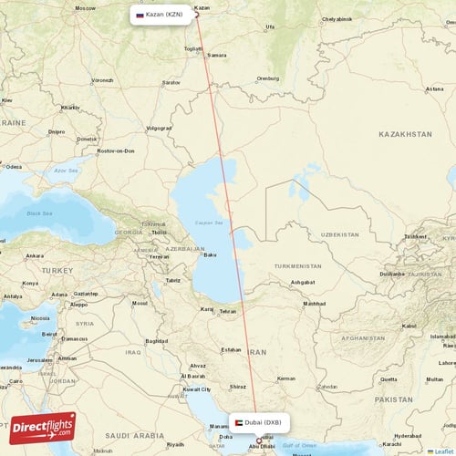 Dubai - Kazan direct flight map