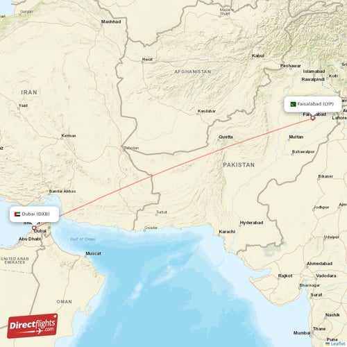 Dubai - Faisalabad direct flight map