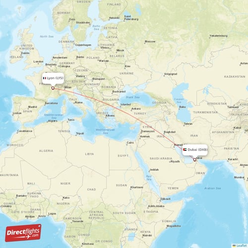 Dubai - Lyon direct flight map