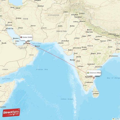 Dubai - Chennai direct flight map