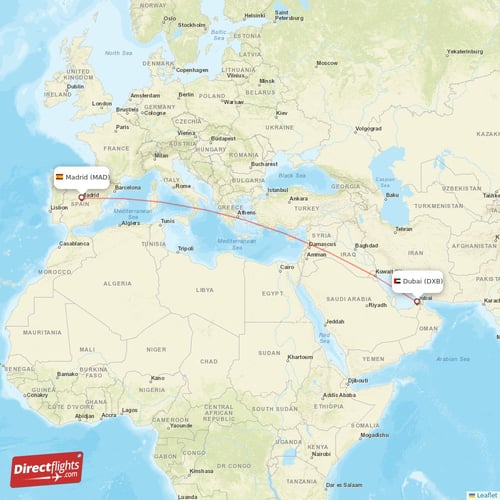 Dubai - Madrid direct flight map
