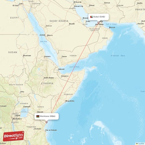 Dubai - Mombasa direct flight map