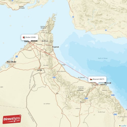 Dubai - Muscat direct flight map