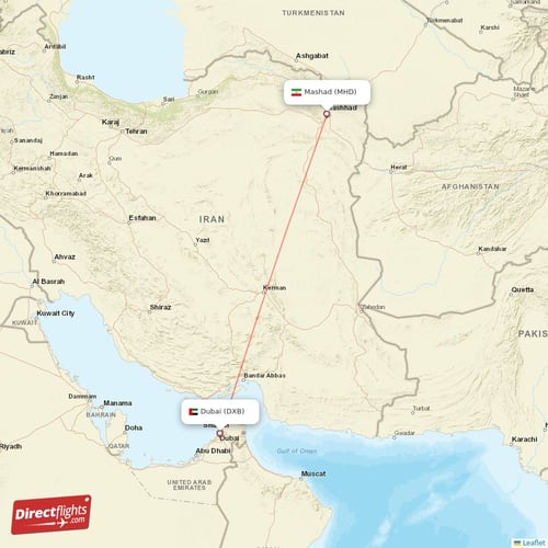 Dubai - Mashad direct flight map