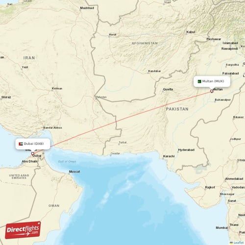 Dubai - Multan direct flight map