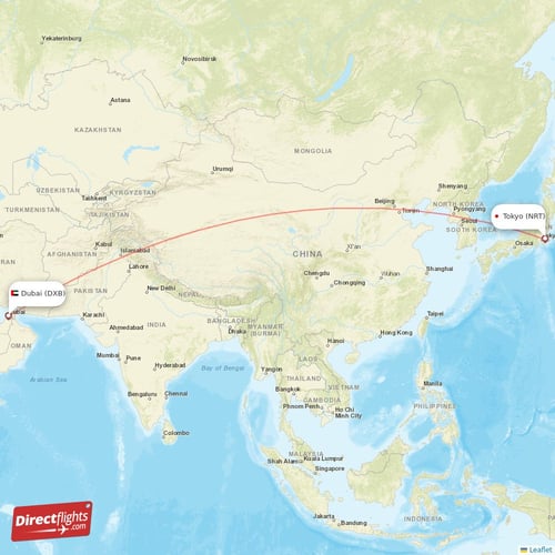 Dubai - Tokyo direct flight map