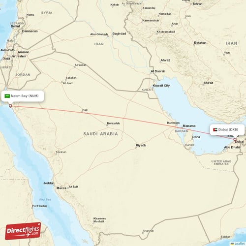 Dubai - Neom Bay direct flight map
