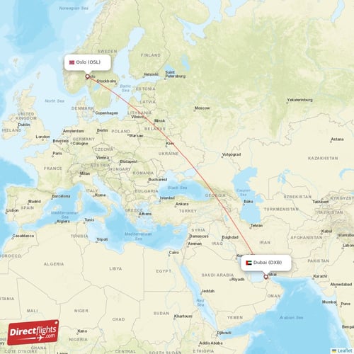 Dubai - Oslo direct flight map