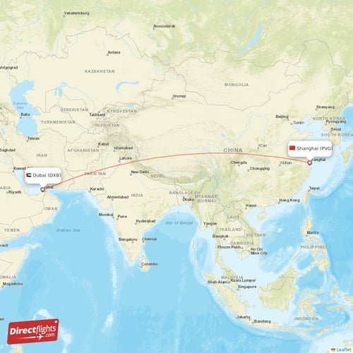 Dubai - Shanghai direct flight map