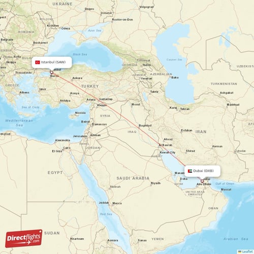 Dubai - Istanbul direct flight map