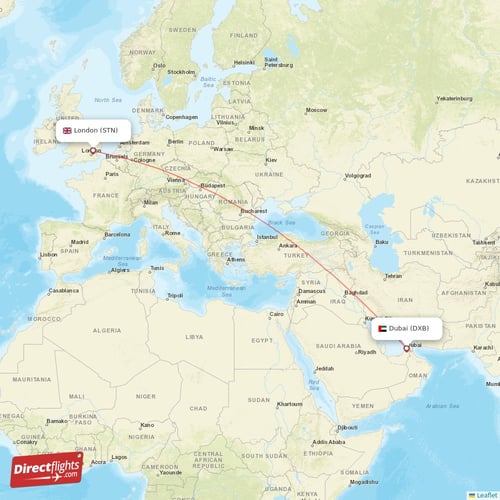 Dubai - London direct flight map