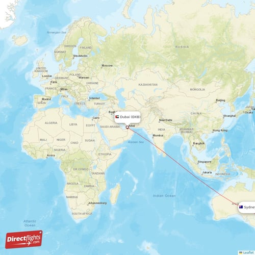 Dubai - Sydney direct flight map