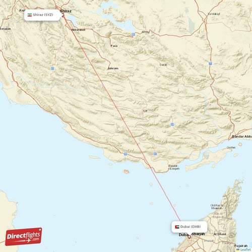 Dubai - Shiraz direct flight map