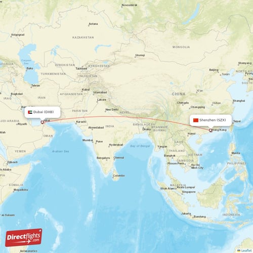 Dubai - Shenzhen direct flight map
