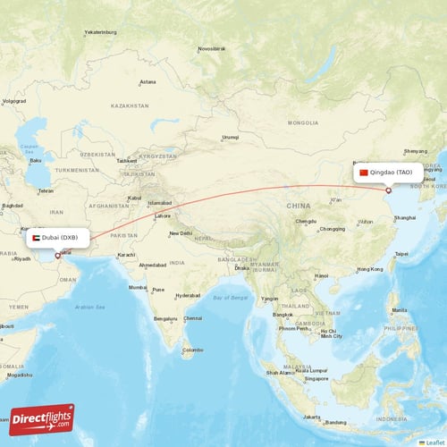 Dubai - Qingdao direct flight map