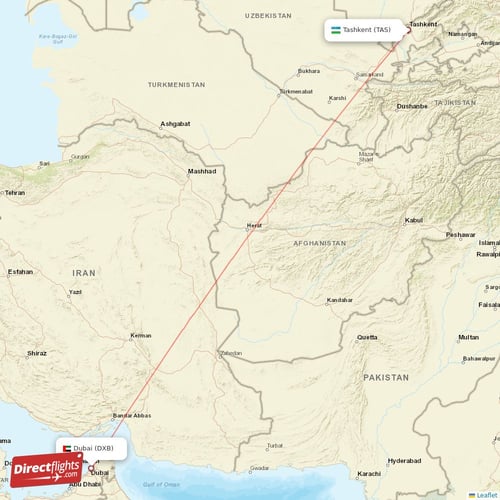 Dubai - Tashkent direct flight map