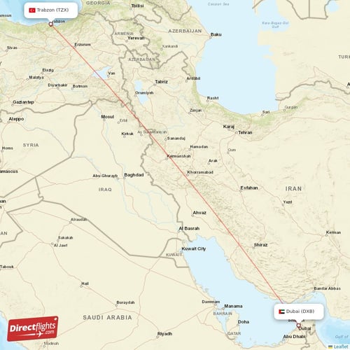 Dubai - Trabzon direct flight map