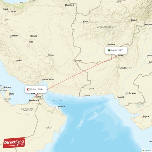 Dubai - Quetta direct flight map