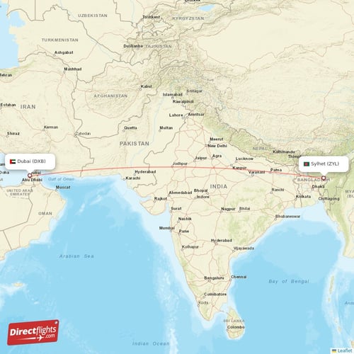 Dubai - Sylhet direct flight map