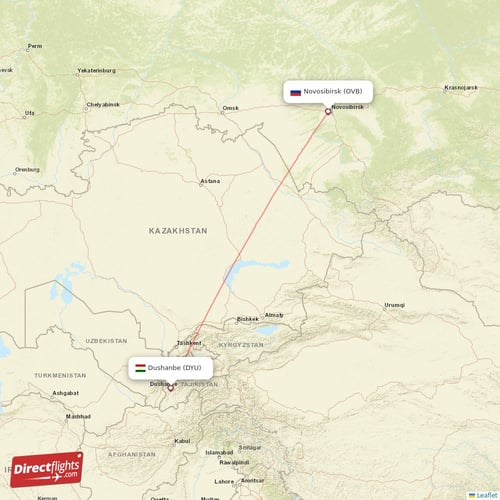 Dushanbe - Novosibirsk direct flight map