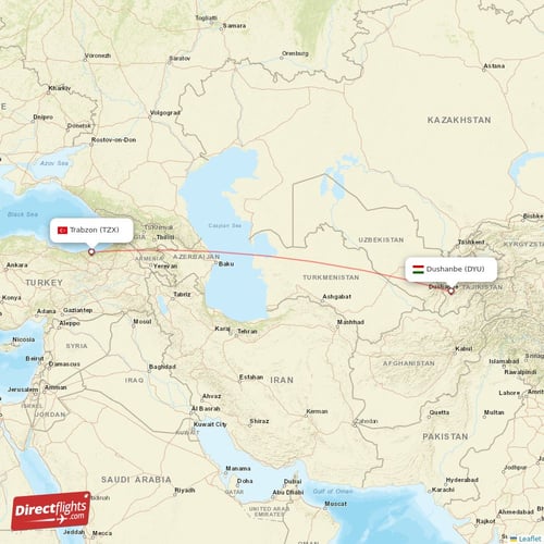 Dushanbe - Trabzon direct flight map