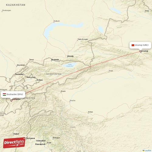 Dushanbe - Urumqi direct flight map