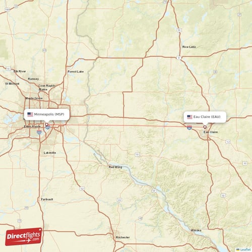 Eau Claire - Minneapolis direct flight map