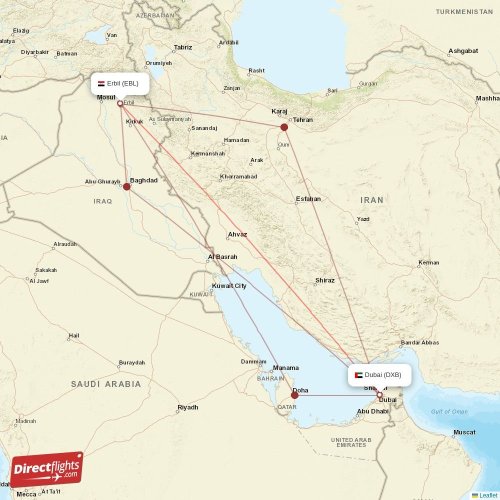 Erbil - Dubai direct flight map