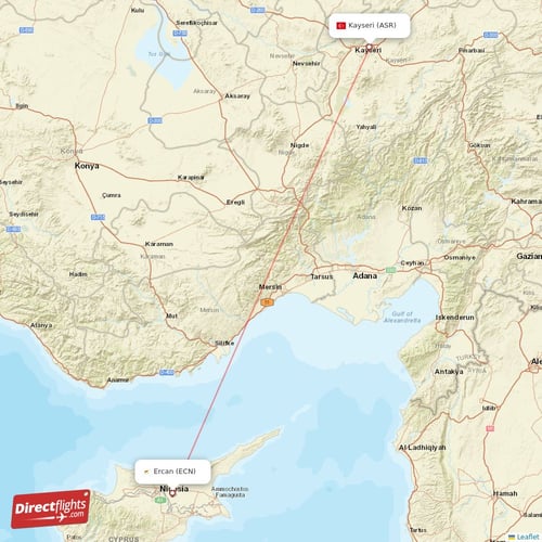 Ercan - Kayseri direct flight map