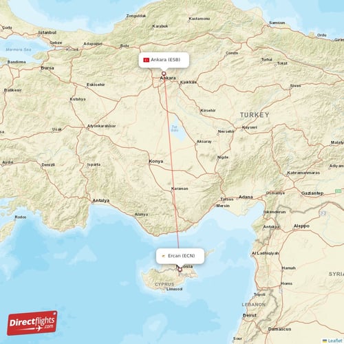 Ercan - Ankara direct flight map