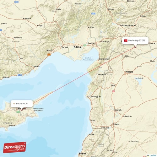 Ercan - Gaziantep direct flight map