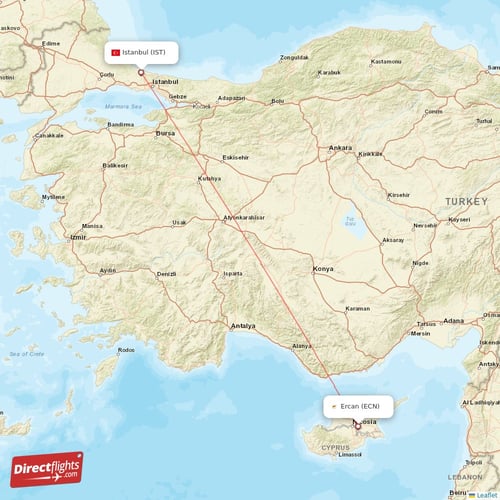 Ercan - Istanbul direct flight map