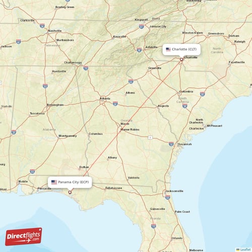 Panama City - Charlotte direct flight map