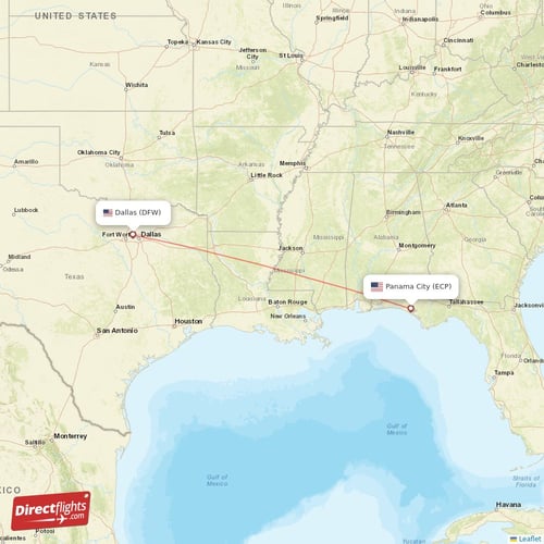 Panama City - Dallas direct flight map