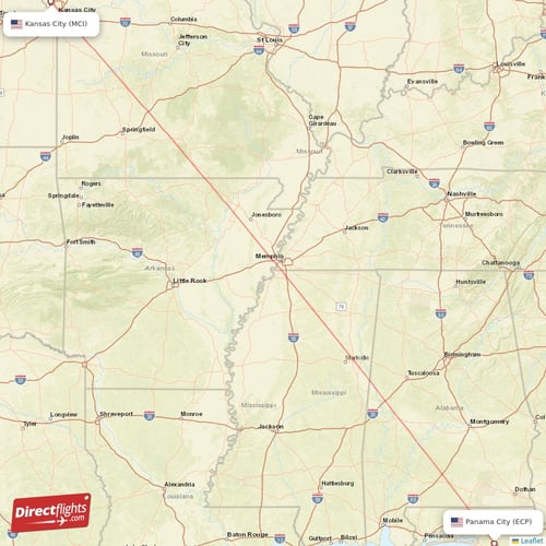 Panama City - Kansas City direct flight map