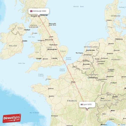 Edinburgh - Lyon direct flight map