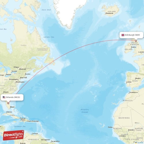 Edinburgh - Orlando direct flight map