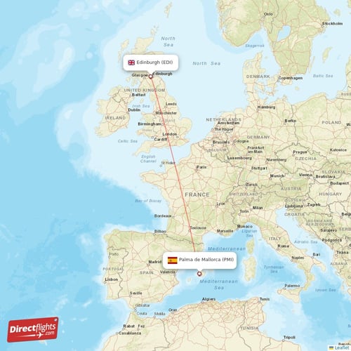 Edinburgh - Palma de Mallorca direct flight map