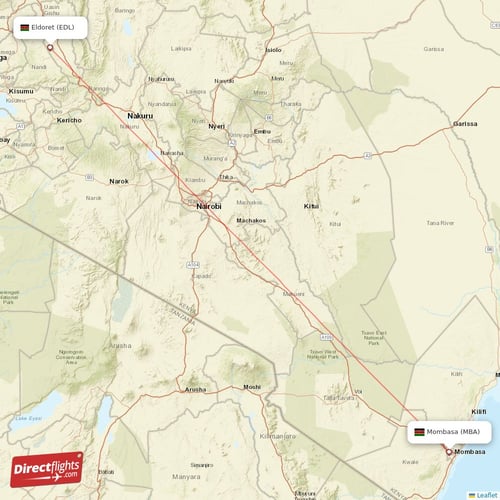 Eldoret - Mombasa direct flight map