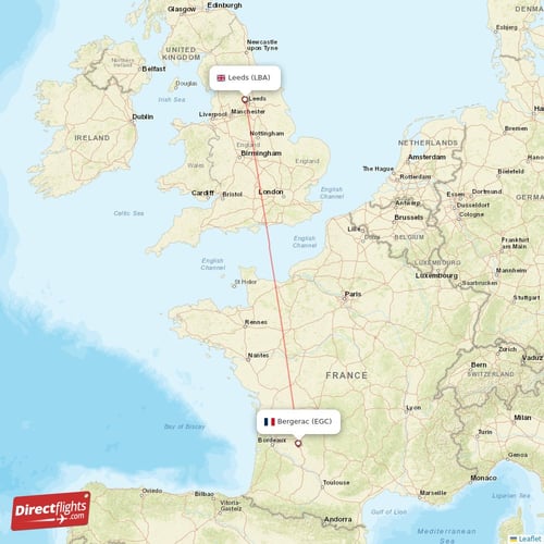 Bergerac - Leeds direct flight map