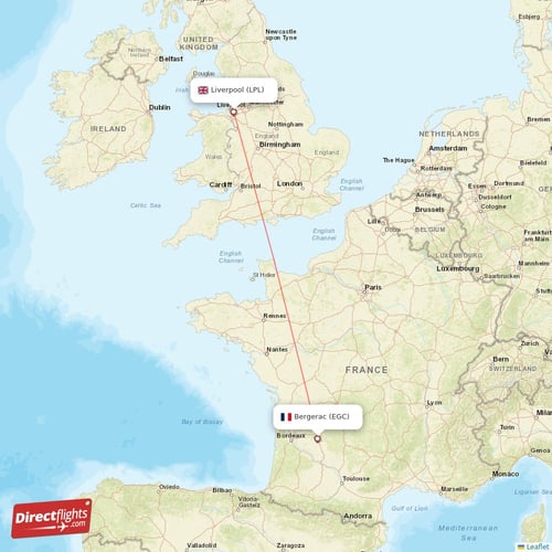 Bergerac - Liverpool direct flight map