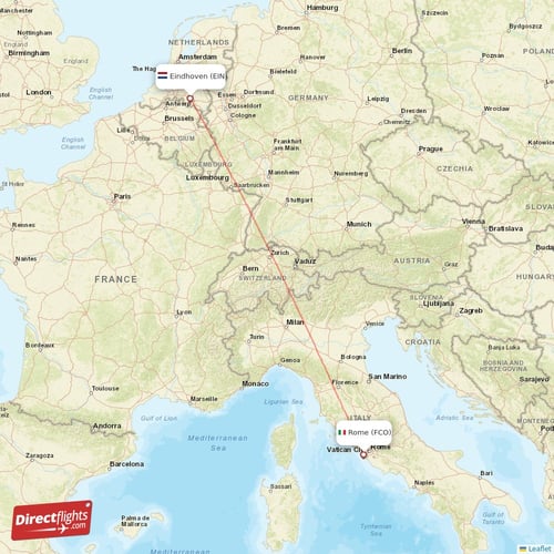Eindhoven - Rome direct flight map