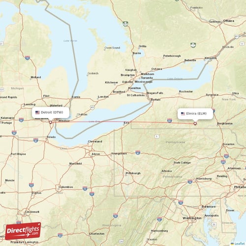 Elmira - Detroit direct flight map