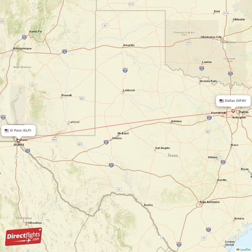 El Paso - Dallas direct flight map